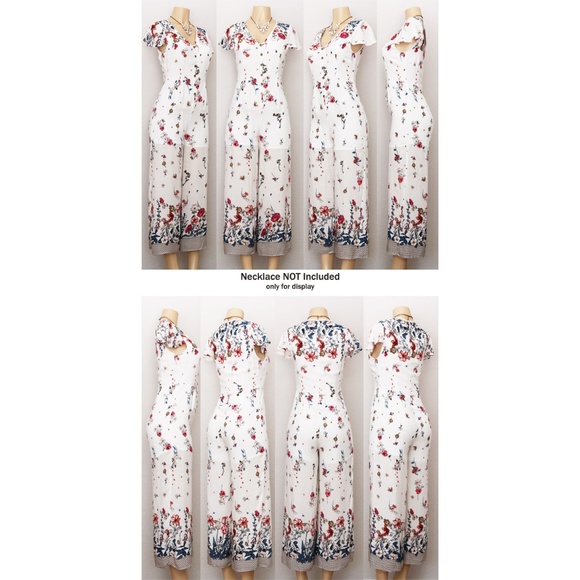 White Floral Button Front Culotte Crop Jumpsuit - Picture 7 of 8